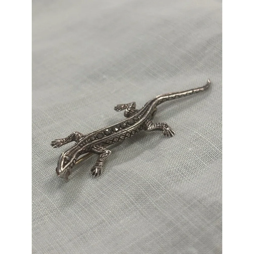 Vintage 925 Sterling Silver Marcasite Lizard Brooch Figural Gecko Pin Estate